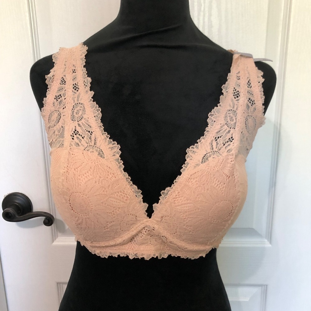 Aerie Real Good Womens Lace Bralette Peach V-Neck Adjustable Straps Size 34D NWT